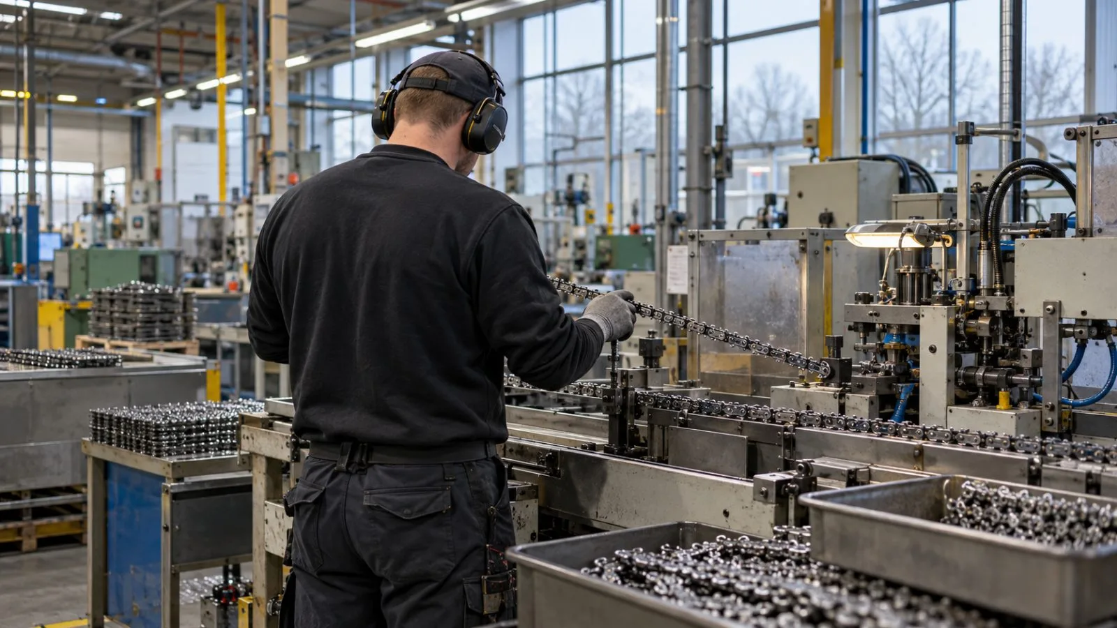 A worker inspects chainsaw chains on a factory line in Huskvarna, Sweden. (AI-generated image / EconoTimes)