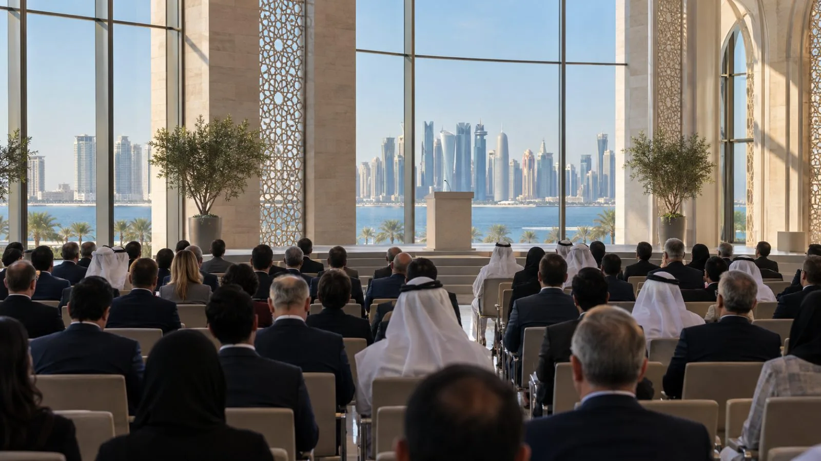 Attendees face a lectern inside a conference hall in Doha, Qatar. (AI-generated image / EconoTimes)