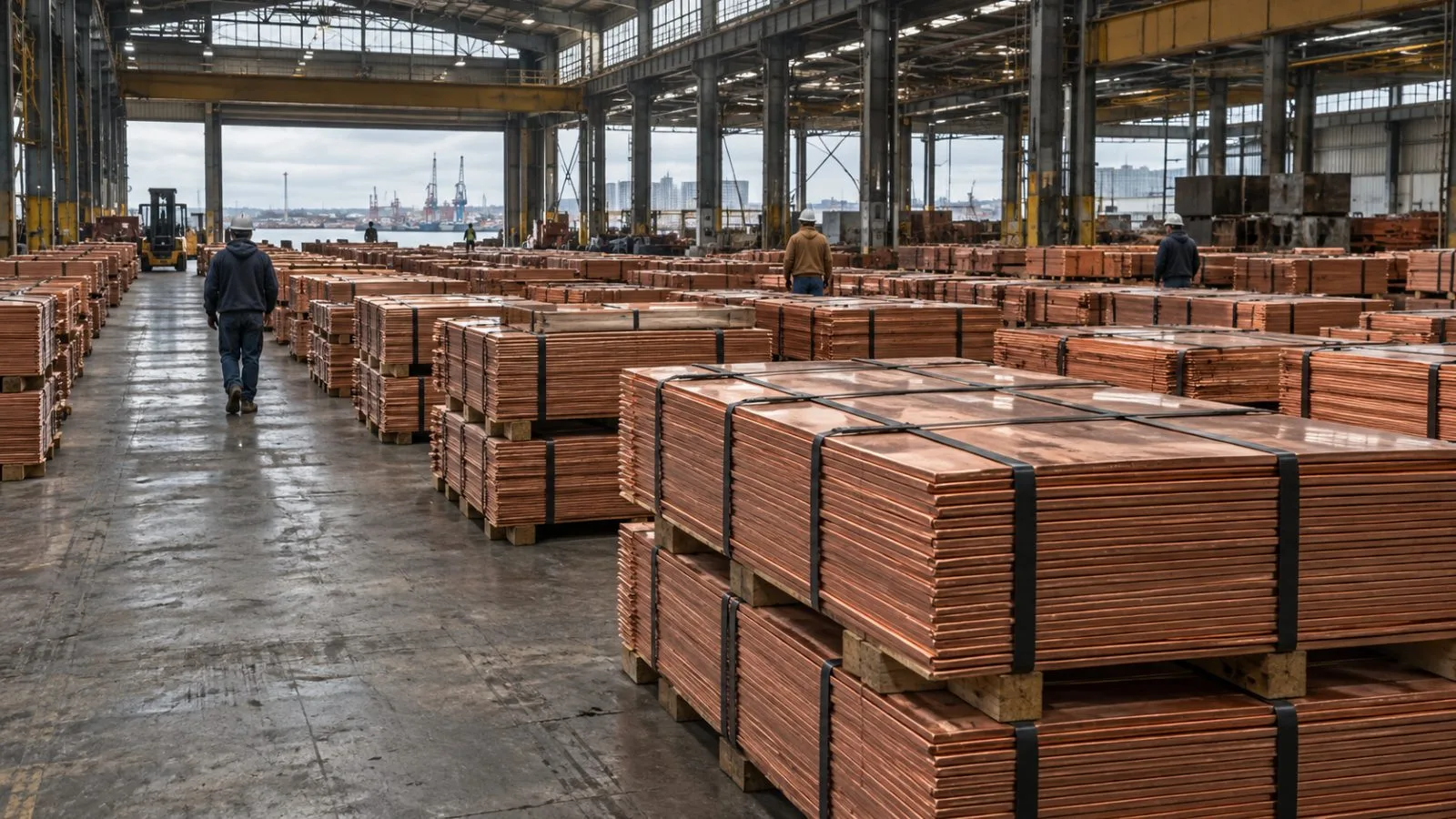 Copper cathode bundles sit in rows inside a warehouse in Baltimore, Maryland. (AI-generated image / EconoTimes)