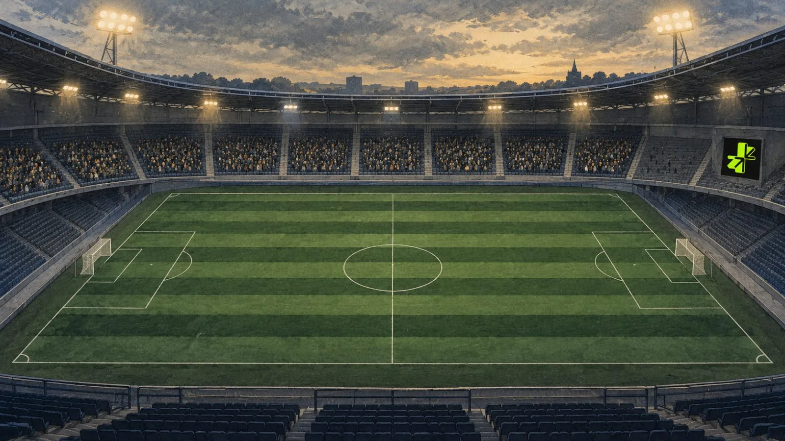 A football pitch is divided into ten outcome bands inside an empty stadium. / EconoTimes.ai