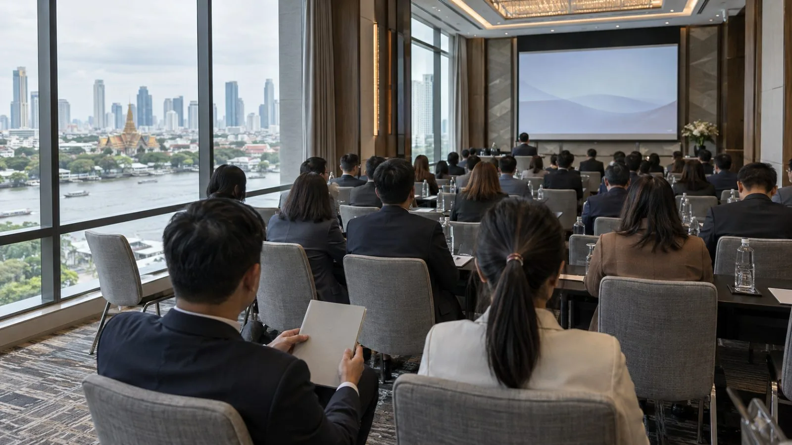 Delegates attend a financial policy briefing at a conference venue in Bangkok, Thailand (AI-generated image / EconoTimes)