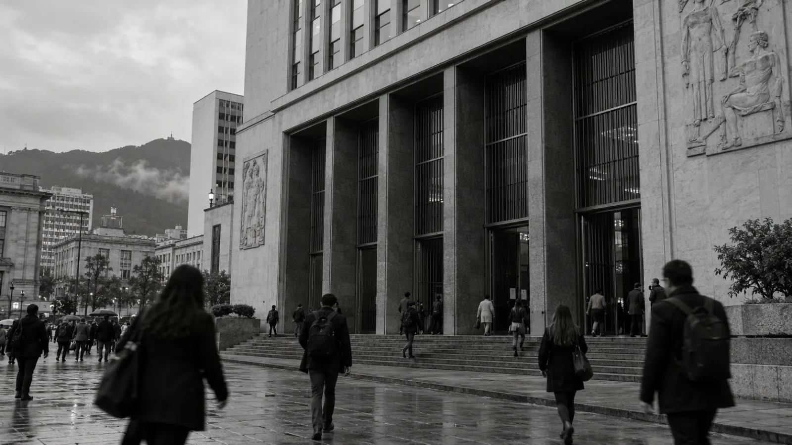 Pedestrians pass the Banco de la República headquarters in Bogotá, Colombia. (AI-generated image / EconoTimes)