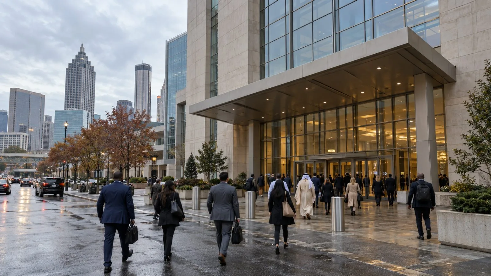 Delegates enter a conference venue in Atlanta, Georgia, ahead of G20 foreign ministers’ talks. (AI-generated image / EconoTimes)