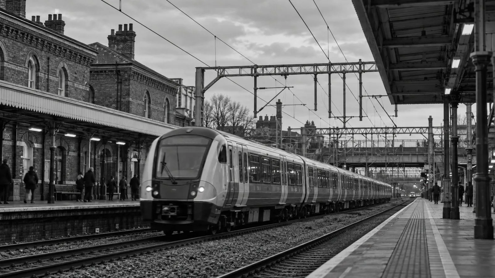 An Elizabeth line train passes beneath overhead wires at Forest Gate station in east London. (AI-generated image / EconoTimes)