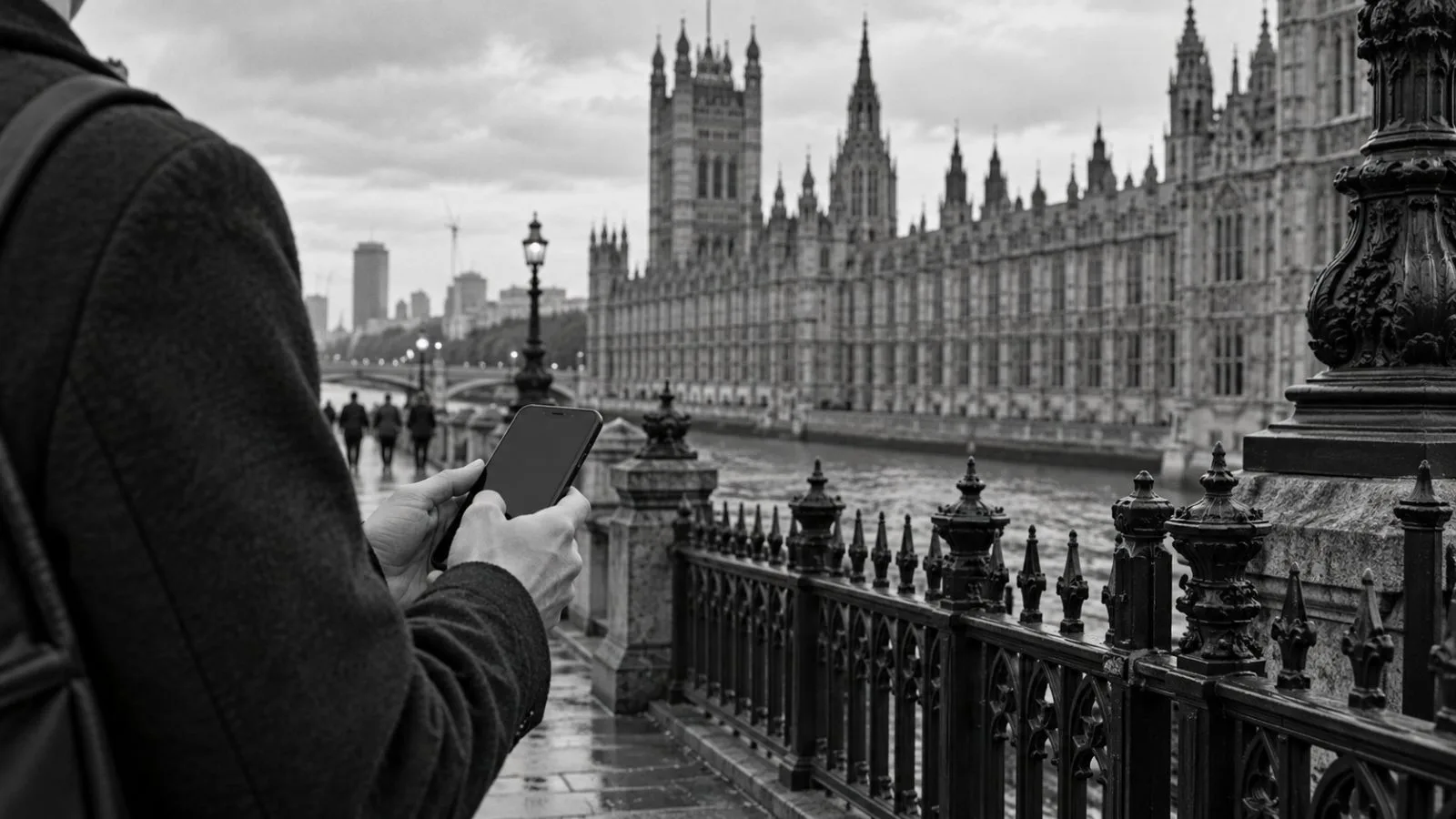 A commuter checks a smartphone outside the Palace of Westminster in London. (AI-generated image / EconoTimes)
