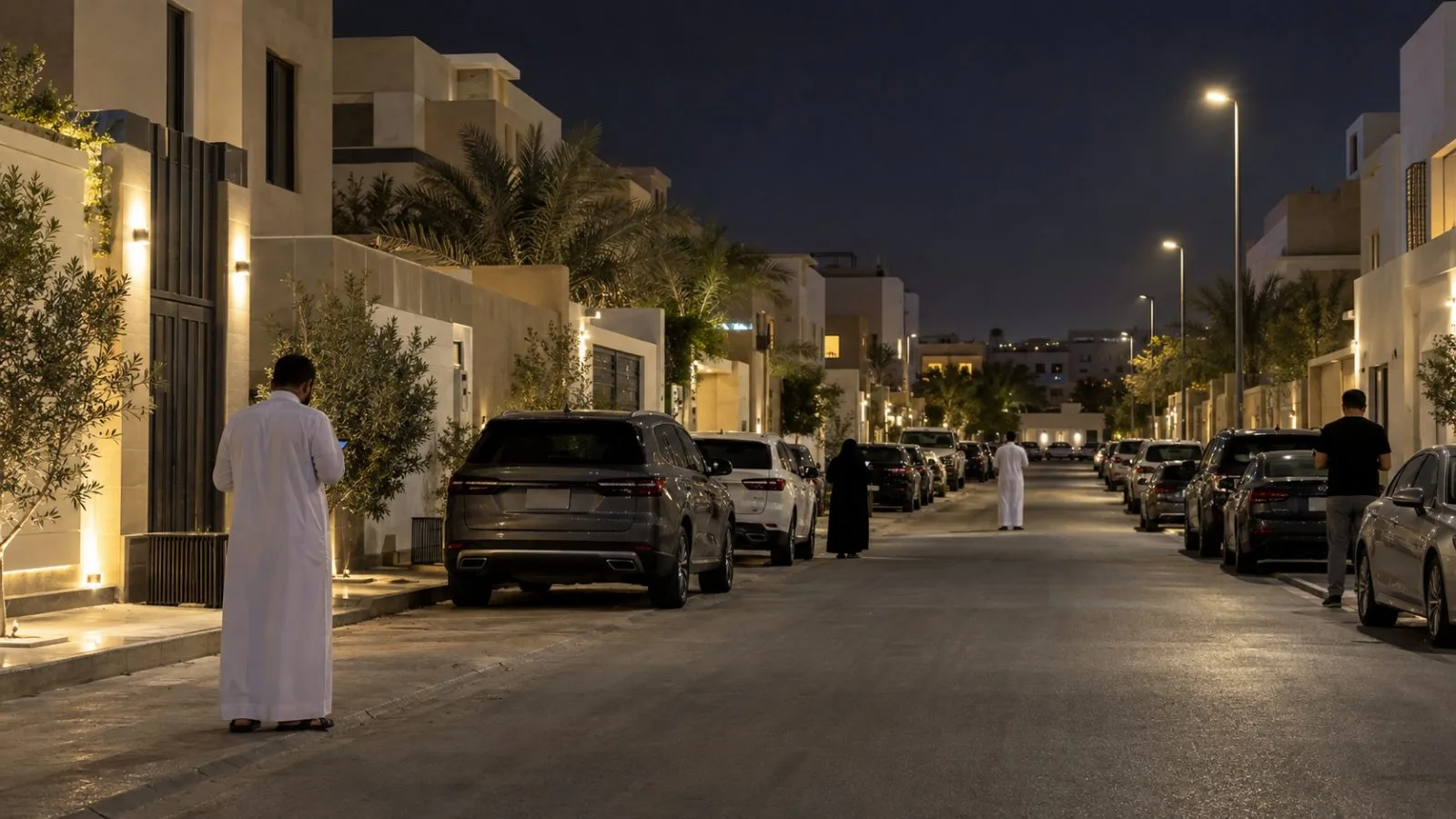 Residents check their phones on a street in northern Riyadh at night. (AI-generated image / EconoTimes)