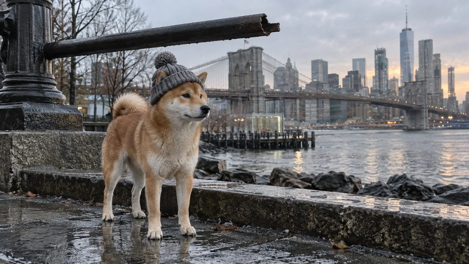 A knitted-hat dog sits beneath a broken support line in a New York market graphic. (AI-generated image / EconoTimes)
