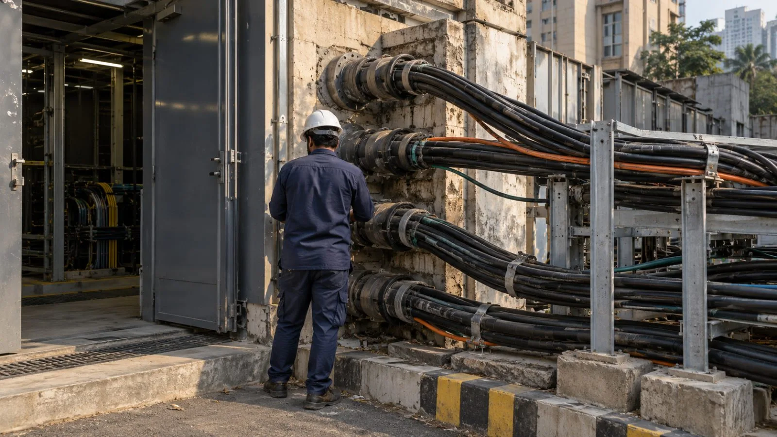 Fiber conduits run into a data center service entrance in Mumbai, India. (AI-generated image / EconoTimes)