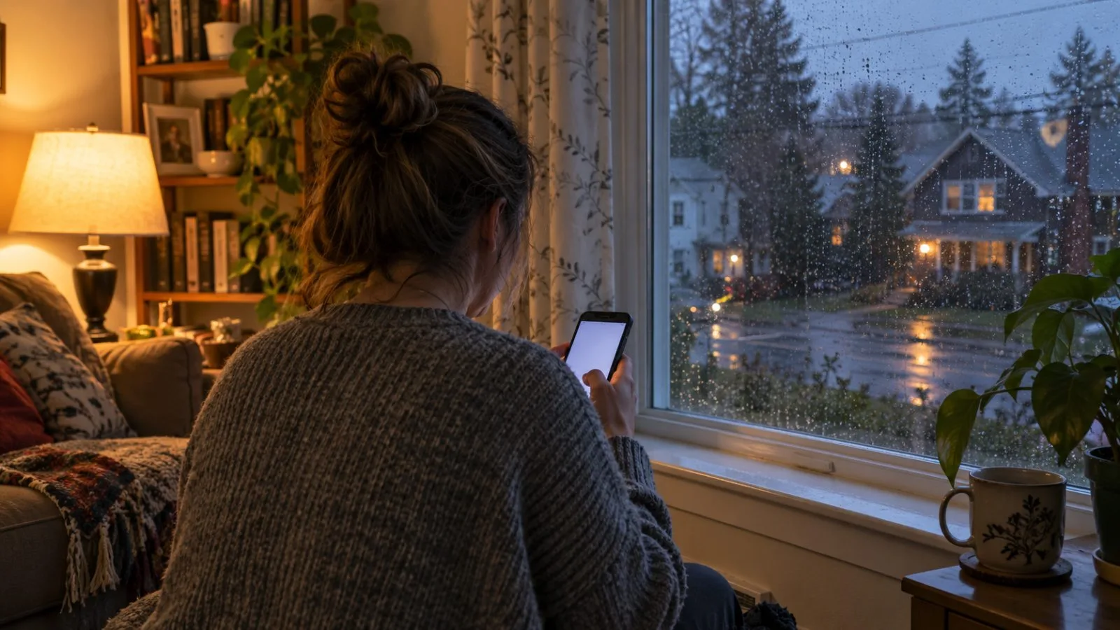 A patient checks a smartphone at home in Fredericton, New Brunswick, after dark. (AI-generated image / EconoTimes)