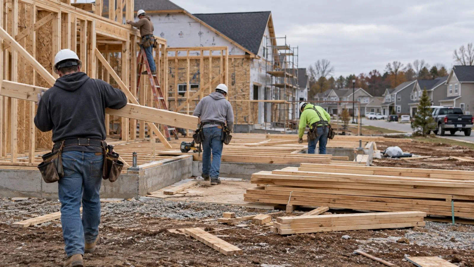Workers frame single-family homes at a residential construction site in Paducah, Kentucky. (AI-generated image / EconoTimes)