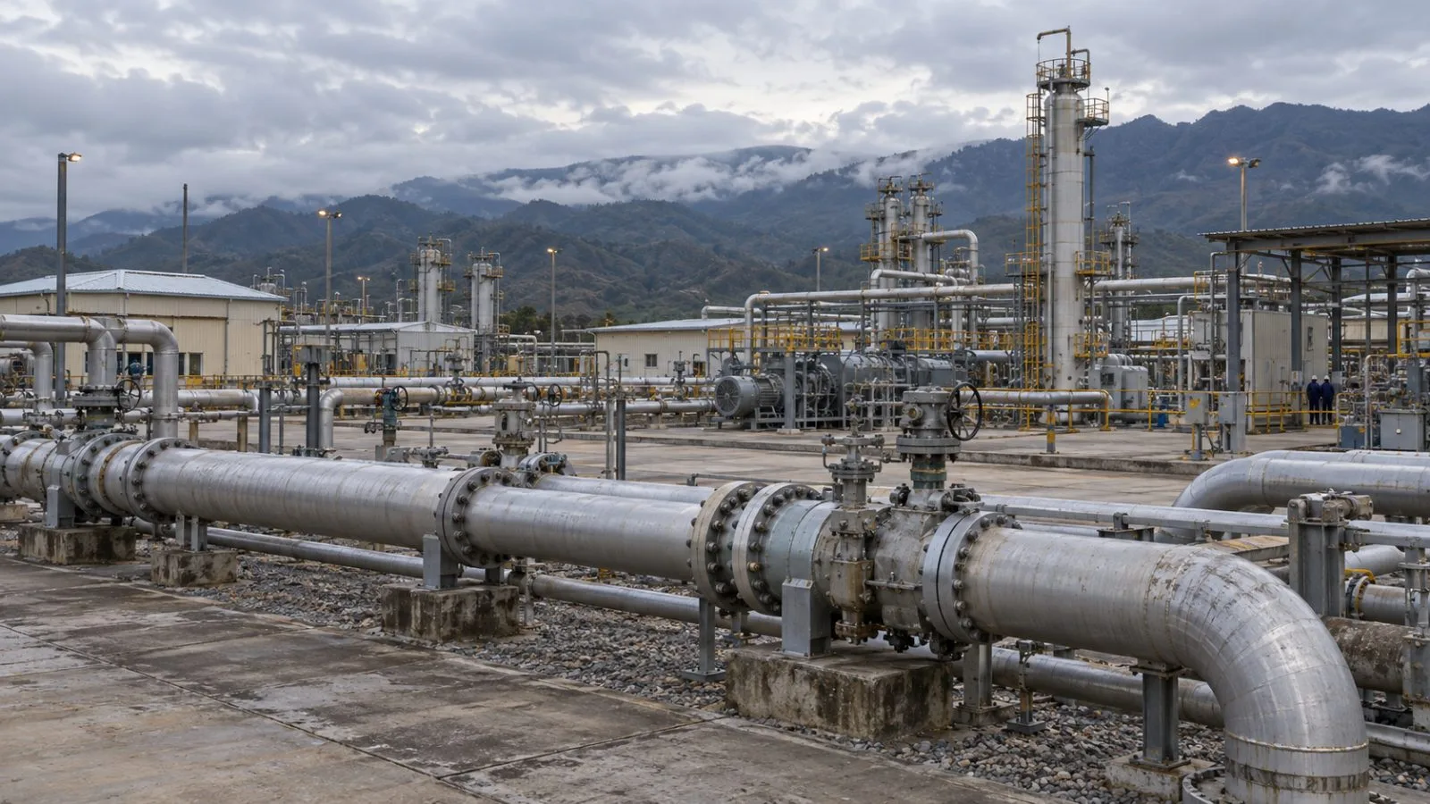 Gas pipelines and compressor equipment stand at an industrial site near Yacuiba, Bolivia. (AI-generated image / EconoTimes)