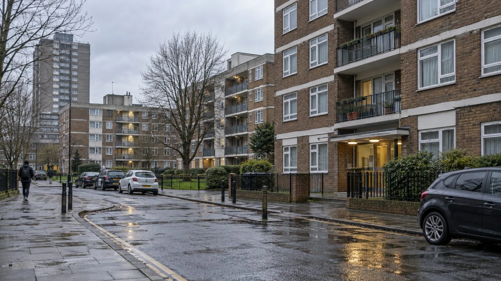 Blocks of flats line a damp residential street in London, England. (AI-generated image / EconoTimes)