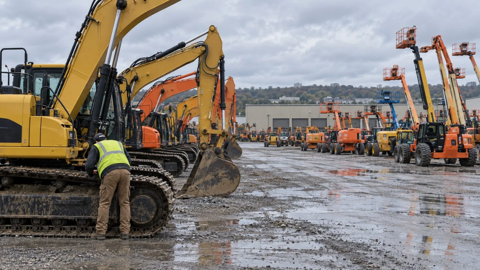 Excavators and aerial lifts stand in a rental yard in Columbia, Missouri. (AI-generated image / EconoTimes)