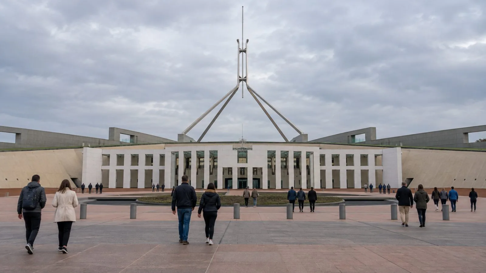 Visitors cross the forecourt of Australian Parliament House in Canberra. (AI-generated image / EconoTimes)
