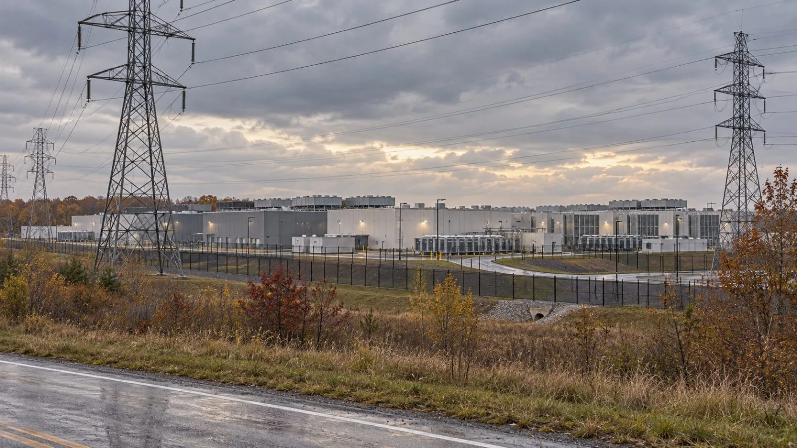 High-voltage lines pass a data center campus in New Albany, Ohio. (AI-generated image / EconoTimes)