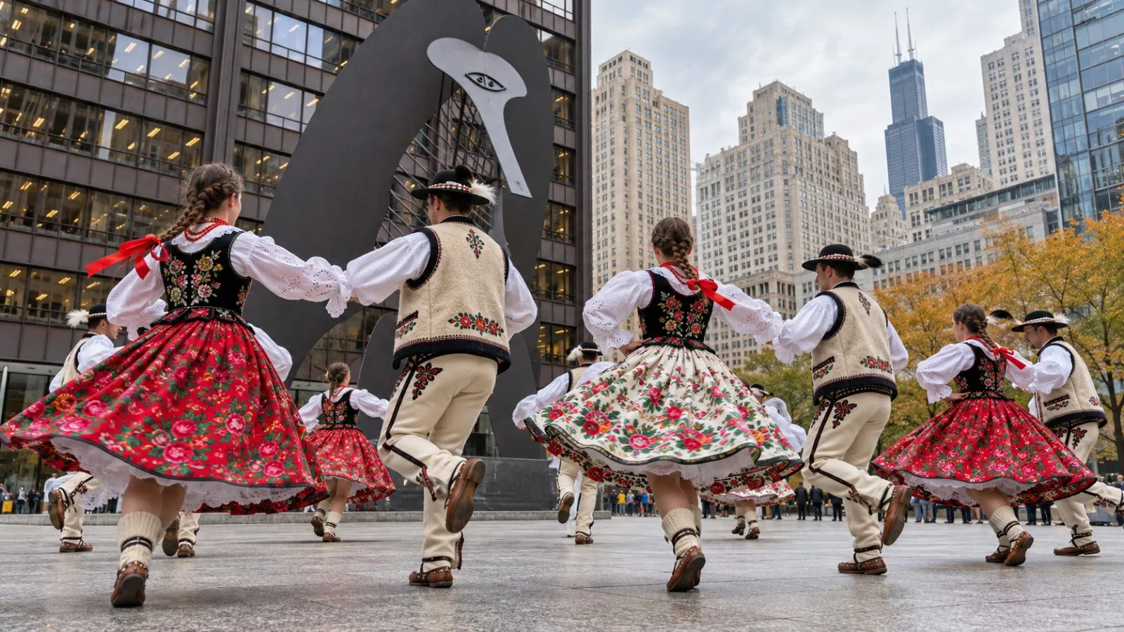 Folk dancers gather beside the Picasso sculpture at Daley Plaza in Chicago. / EconoTimes.ai