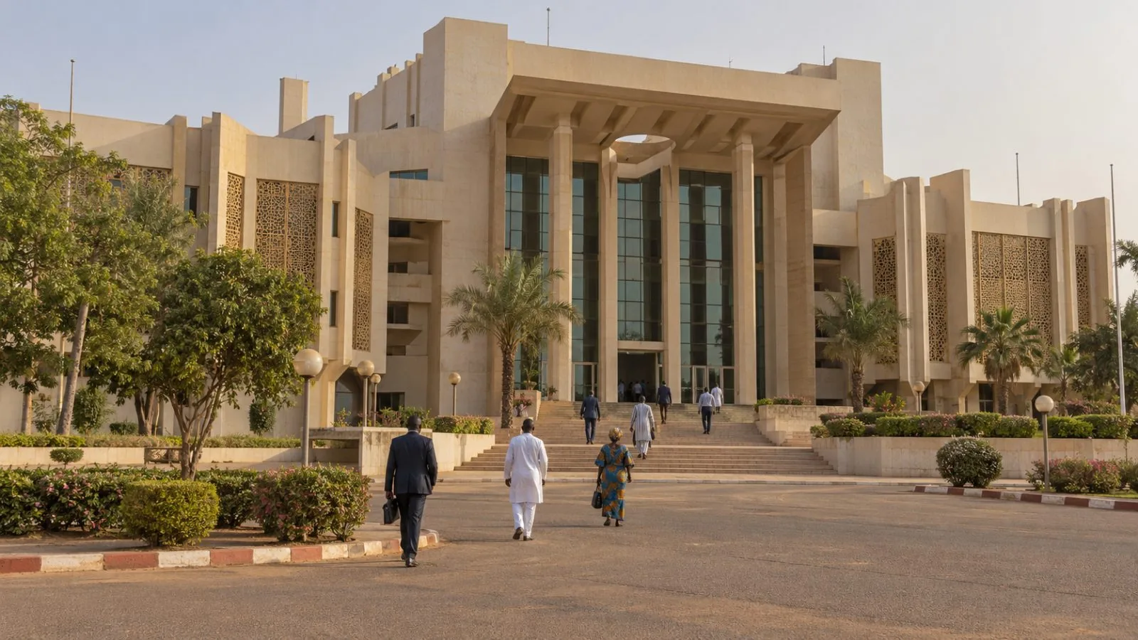 People enter the parliament building in Ouagadougou, Burkina Faso, under a hazy sky. (AI-generated image / EconoTimes)