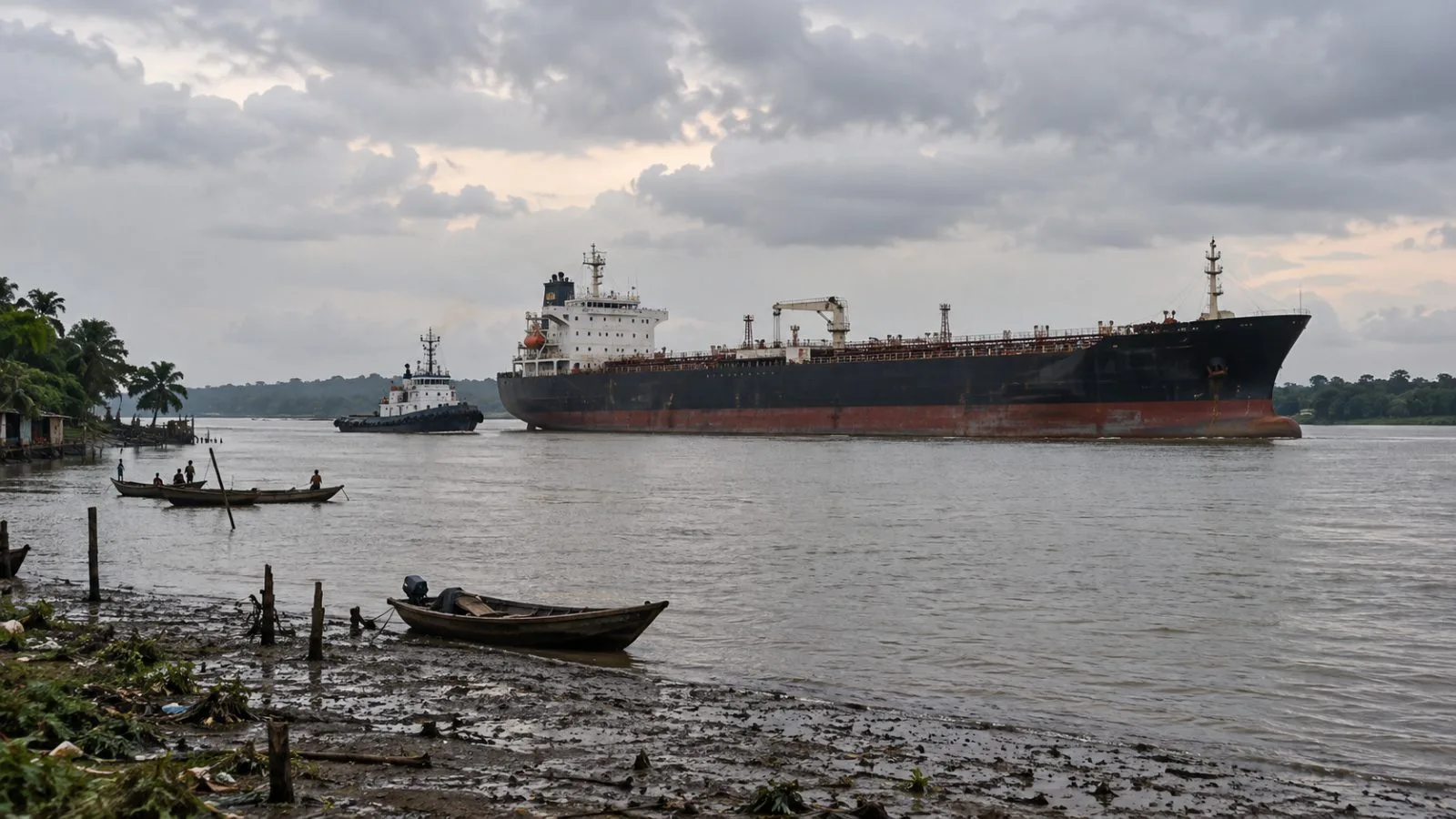 An oil storage vessel sits on a river near Kula in Nigeria's Rivers State (AI-generated image / EconoTimes)