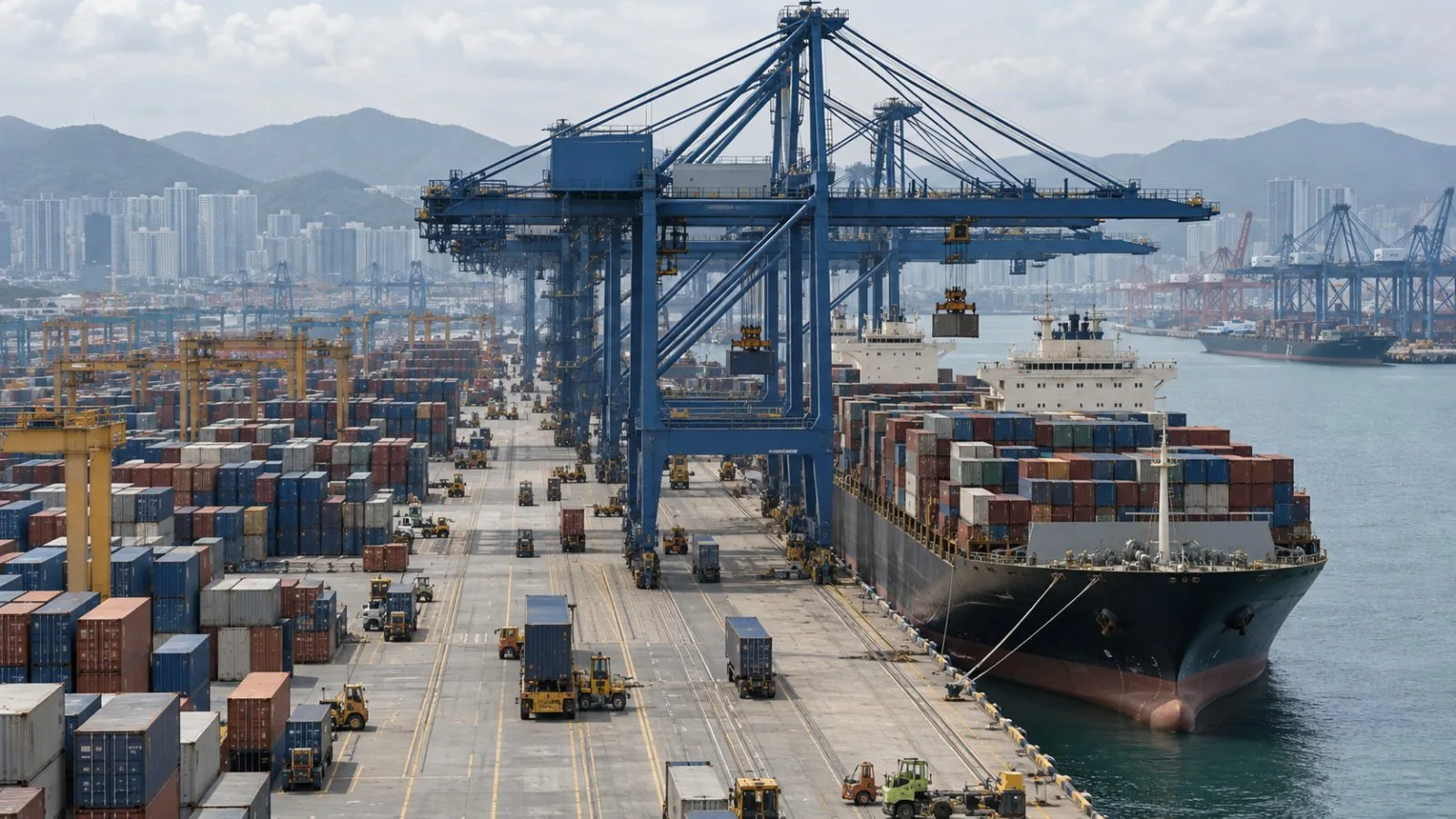 Gantry cranes load containers beside a cargo vessel at Busan New Port in South Korea (AI-generated image / EconoTimes)