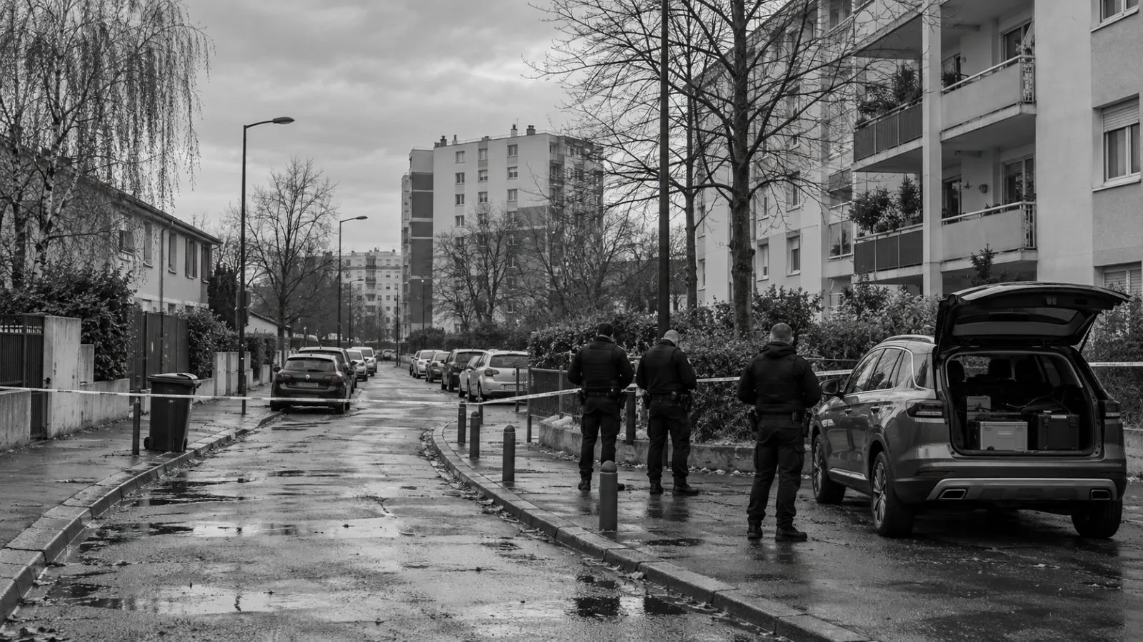 Police tape blocks a residential street in Trappes, west of Paris, after a shooting. (AI-generated image / EconoTimes)