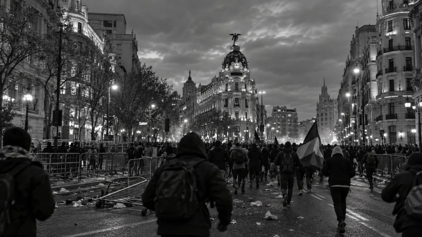Demonstrators move past temporary barriers on a central street in Madrid, Spain (AI-generated image / EconoTimes)