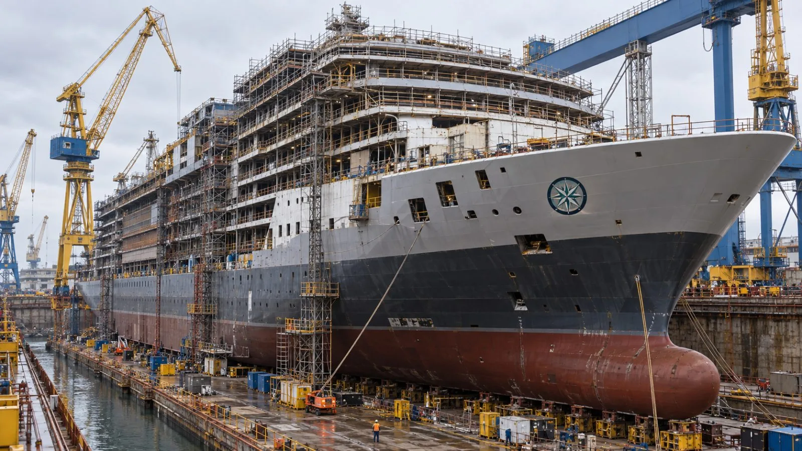 The Seven Seas Prestige takes shape at the Fincantieri shipyard in Marghera, Venice, Italy. / EconoTimes.ai