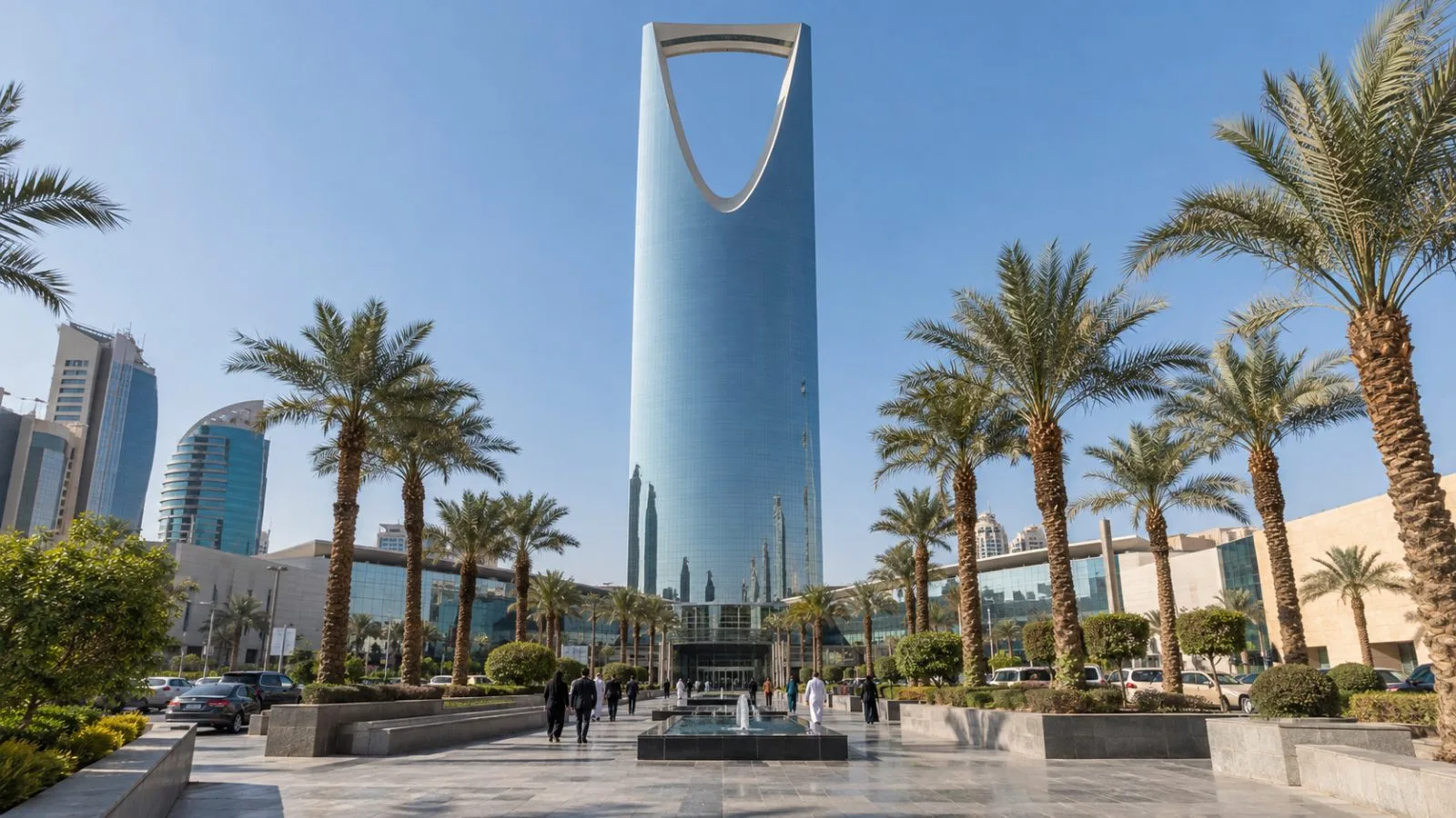 Pedestrians pass the Kingdom Centre tower in Riyadh, Saudi Arabia. (AI-generated image / EconoTimes)