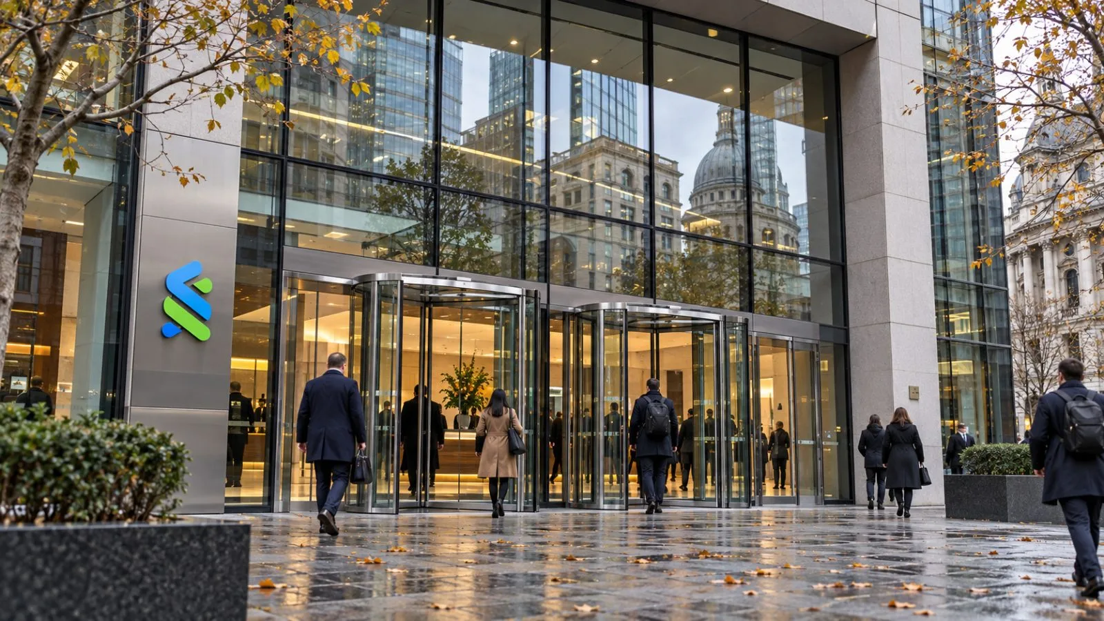Pedestrians pass the Standard Chartered headquarters on Basinghall Avenue in London. / EconoTimes.ai
