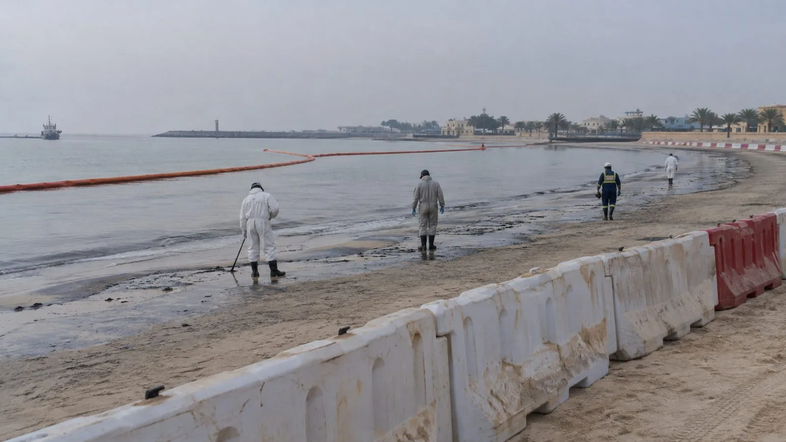 Temporary barriers mark a closed shoreline in Umm Al Quwain, United Arab Emirates (AI-generated image / EconoTimes)