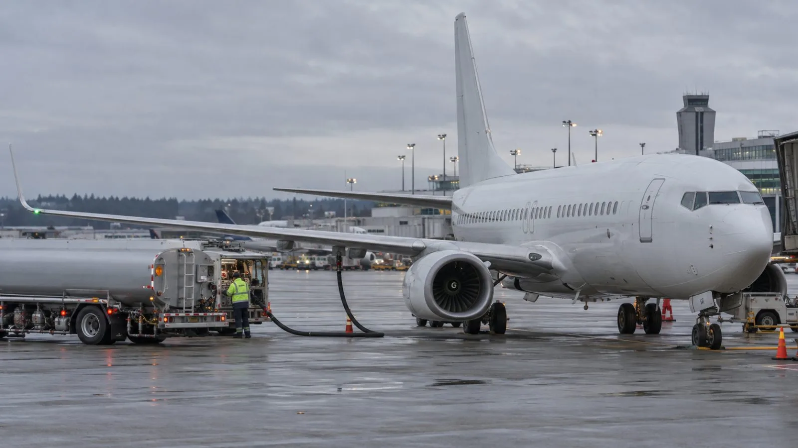 A fuel truck services a passenger jet on the apron at Seattle-Tacoma International Airport, Washington. (AI-generated image / EconoTimes)