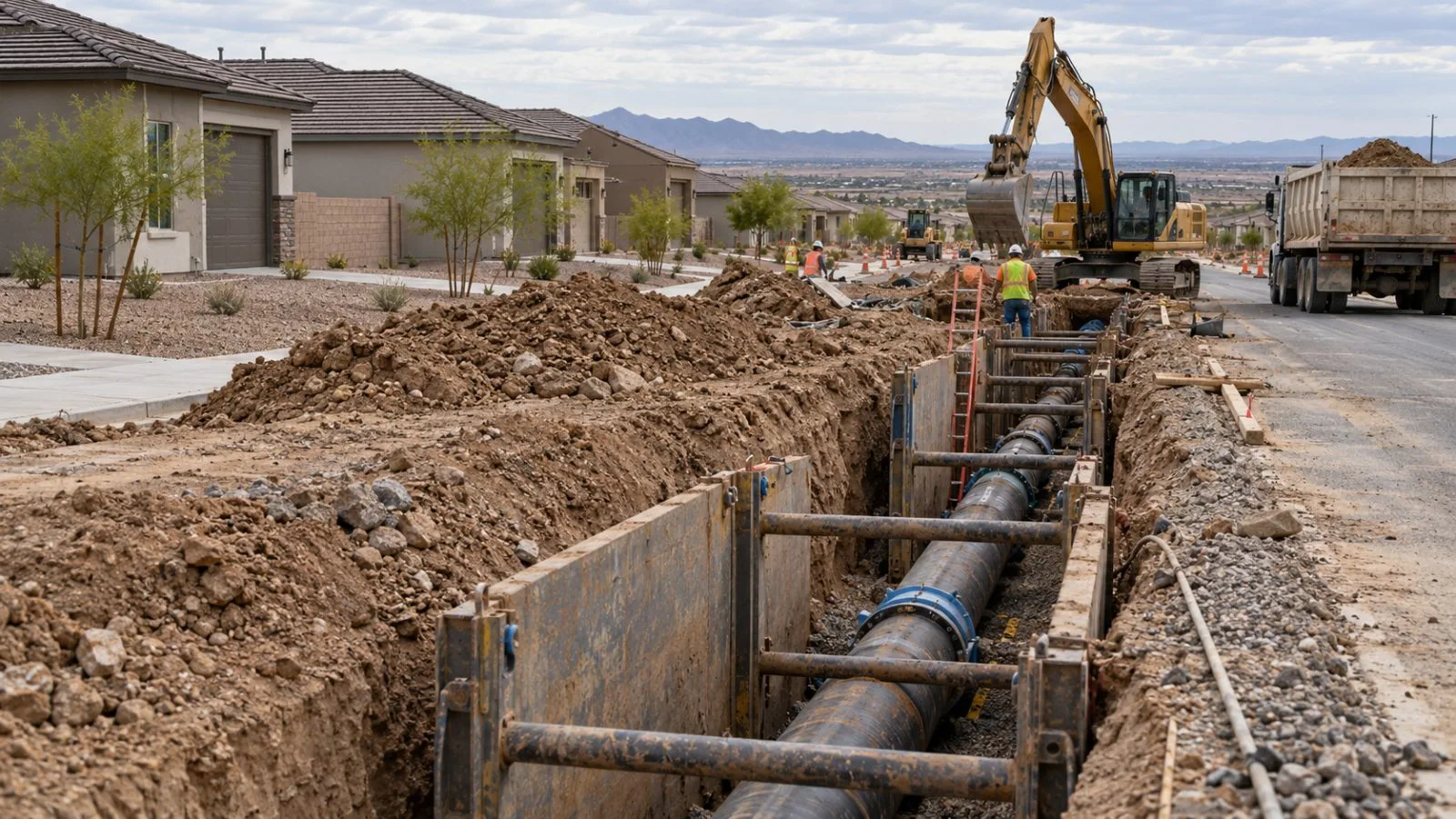 A water main runs beside new housing construction in Phoenix, Arizona. (AI-generated image / EconoTimes)