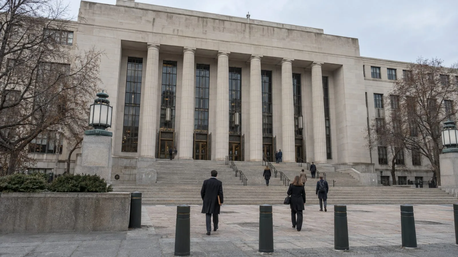 Pedestrians approach the federal courthouse in Washington, D.C., beneath an overcast sky. (AI-generated image / EconoTimes)