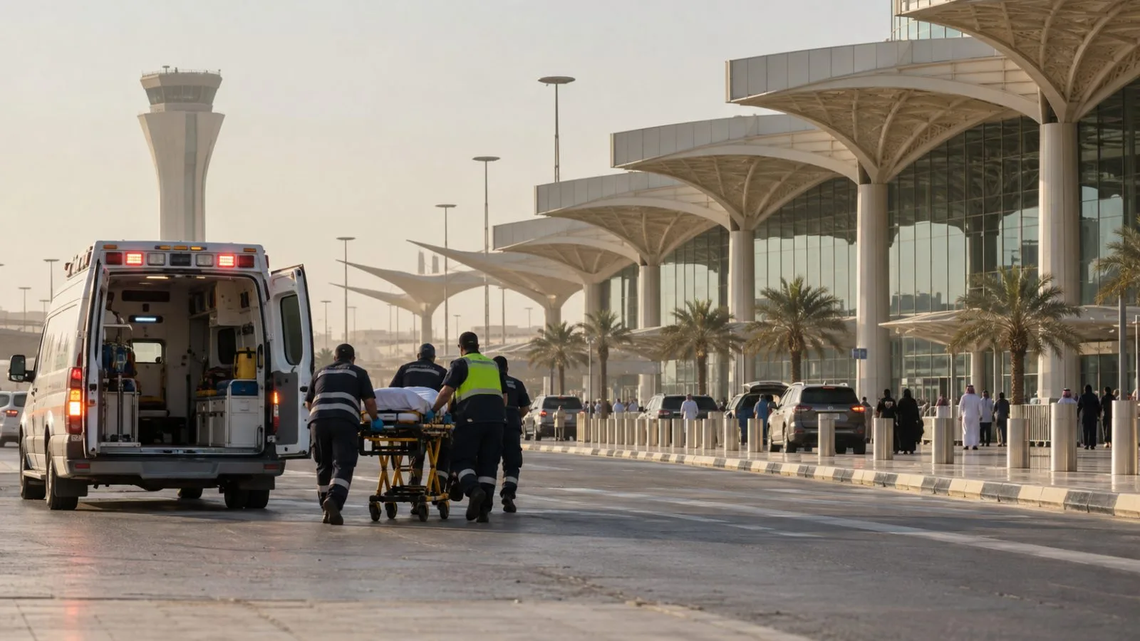 Emergency responders move a stretcher outside King Khalid International Airport in Riyadh. (AI-generated image / EconoTimes)