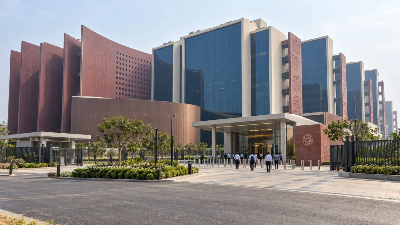 The Surat Diamond Bourse towers rise above a quiet entrance in Surat, India. / EconoTimes.ai