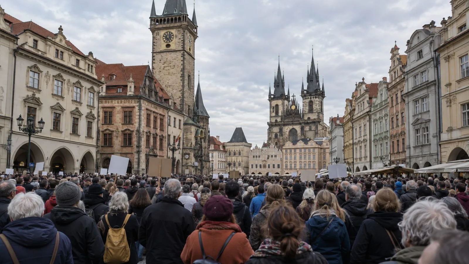 Demonstrators gather in Prague's Old Town Square during a rally over public media funding. (AI-generated image / EconoTimes)