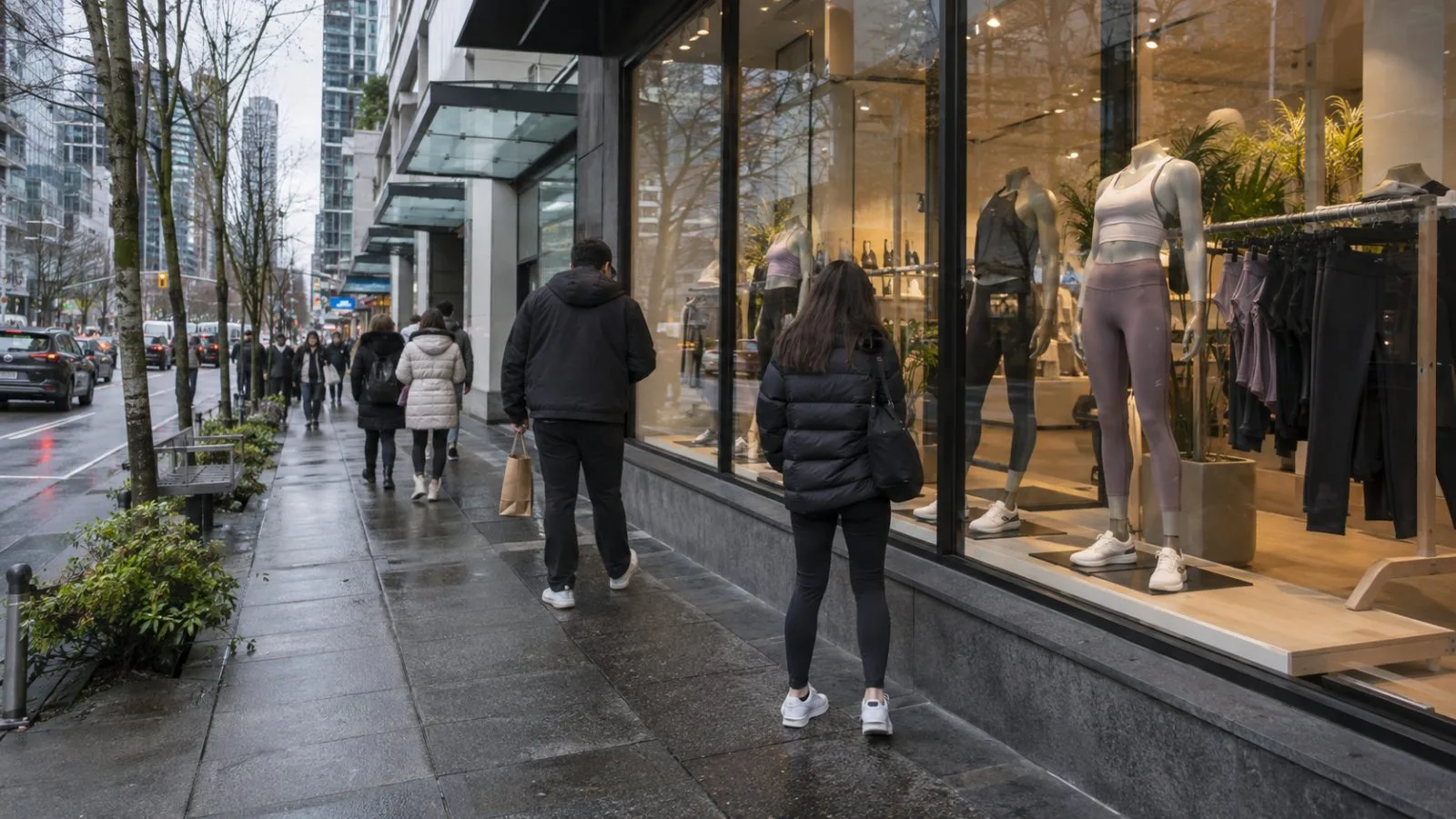 Shoppers browse athletic apparel on Robson Street in Vancouver, Canada. (AI-generated image / EconoTimes)