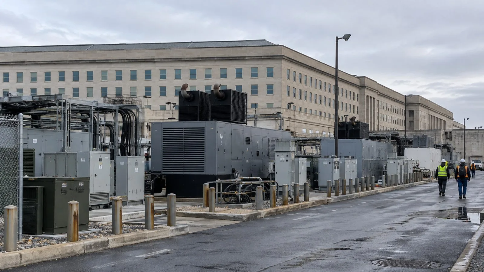 Backup generators and electrical equipment stand beside the Pentagon in Arlington, Virginia. (AI-generated image / EconoTimes)