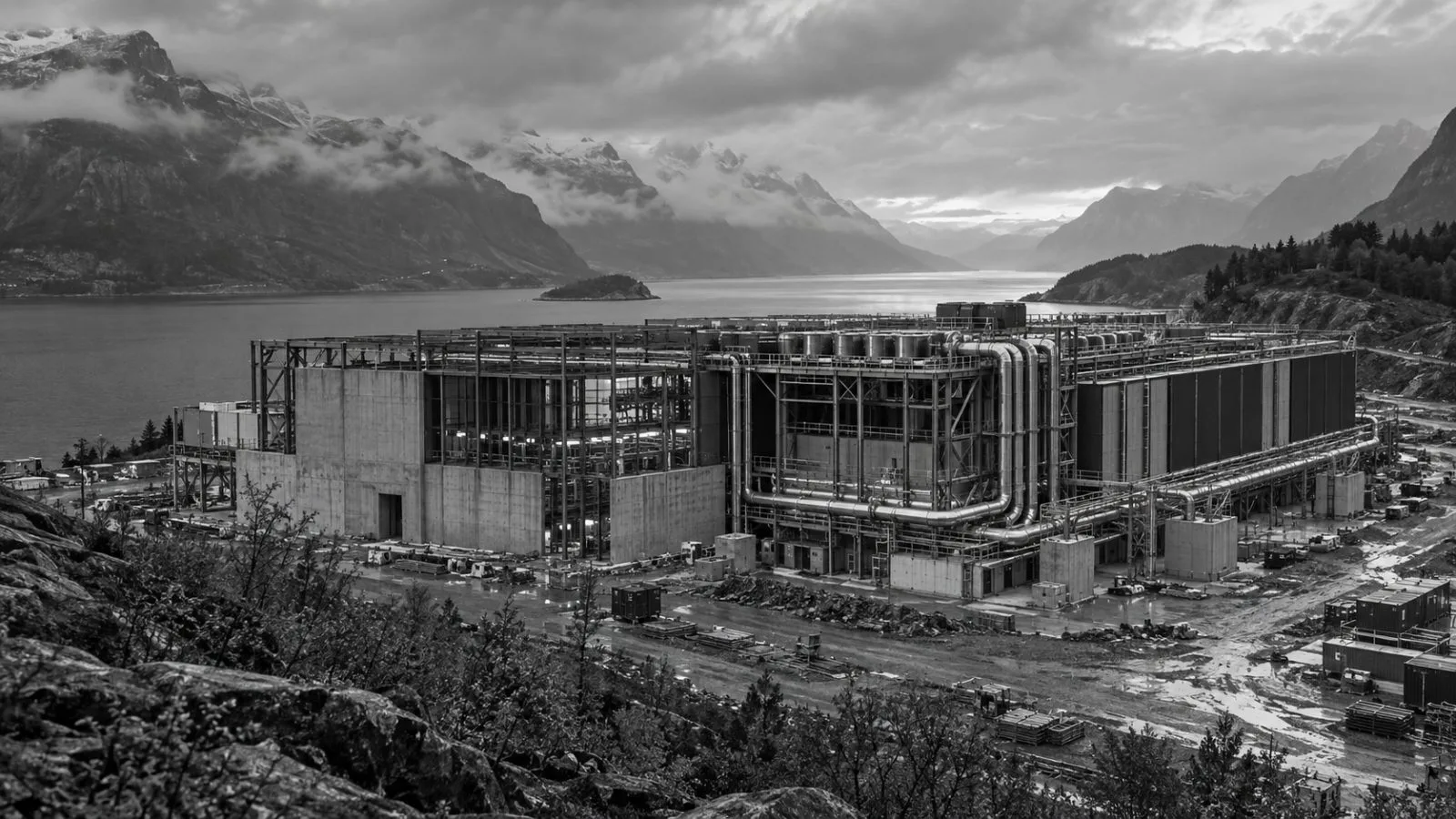 An unfinished data center building stands at the Glomfjord construction site in Norway. (AI-generated image / EconoTimes)
