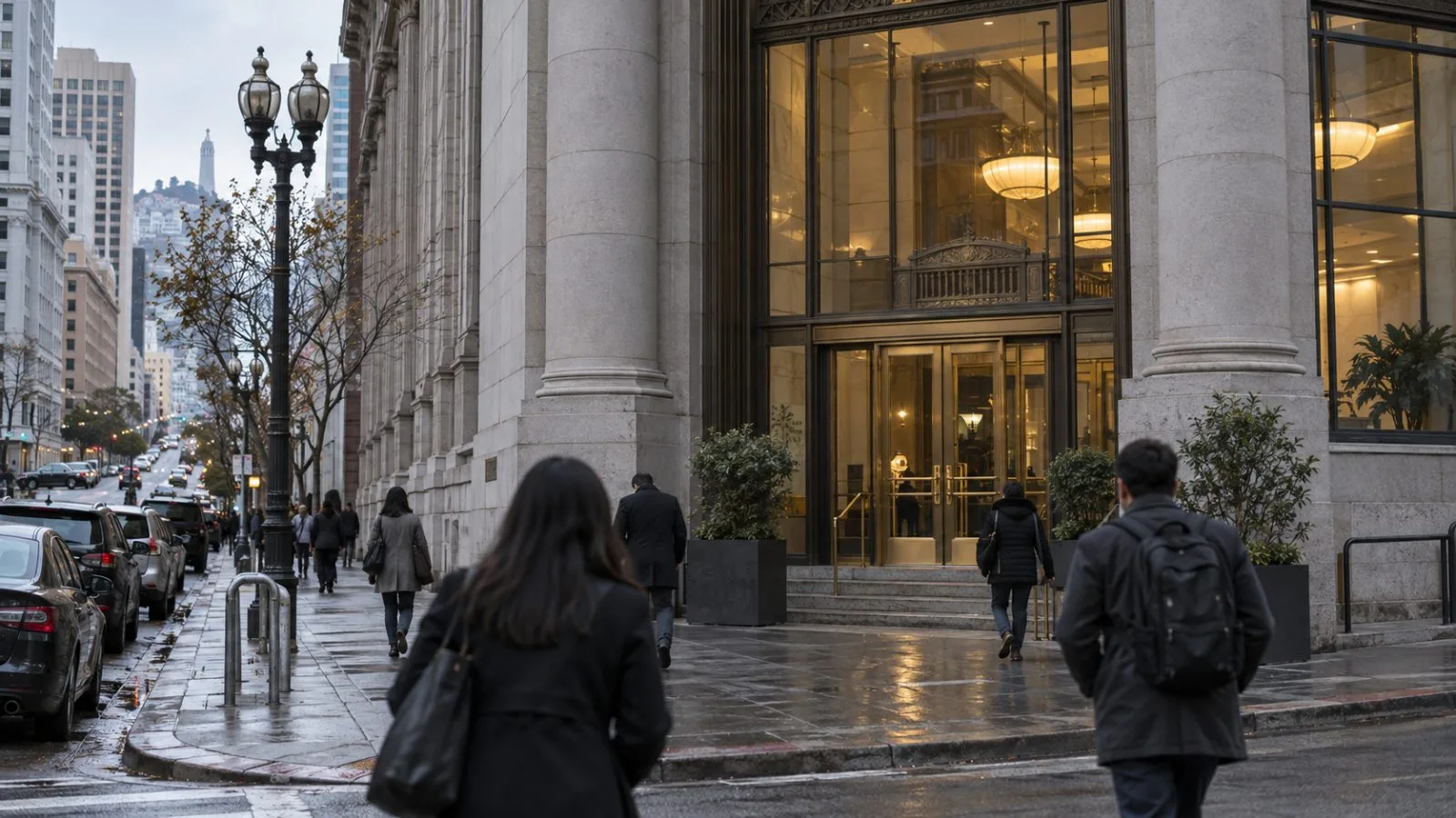 Commuters pass a neighborhood bank branch on a downtown street in San Francisco. (AI-generated image / EconoTimes)