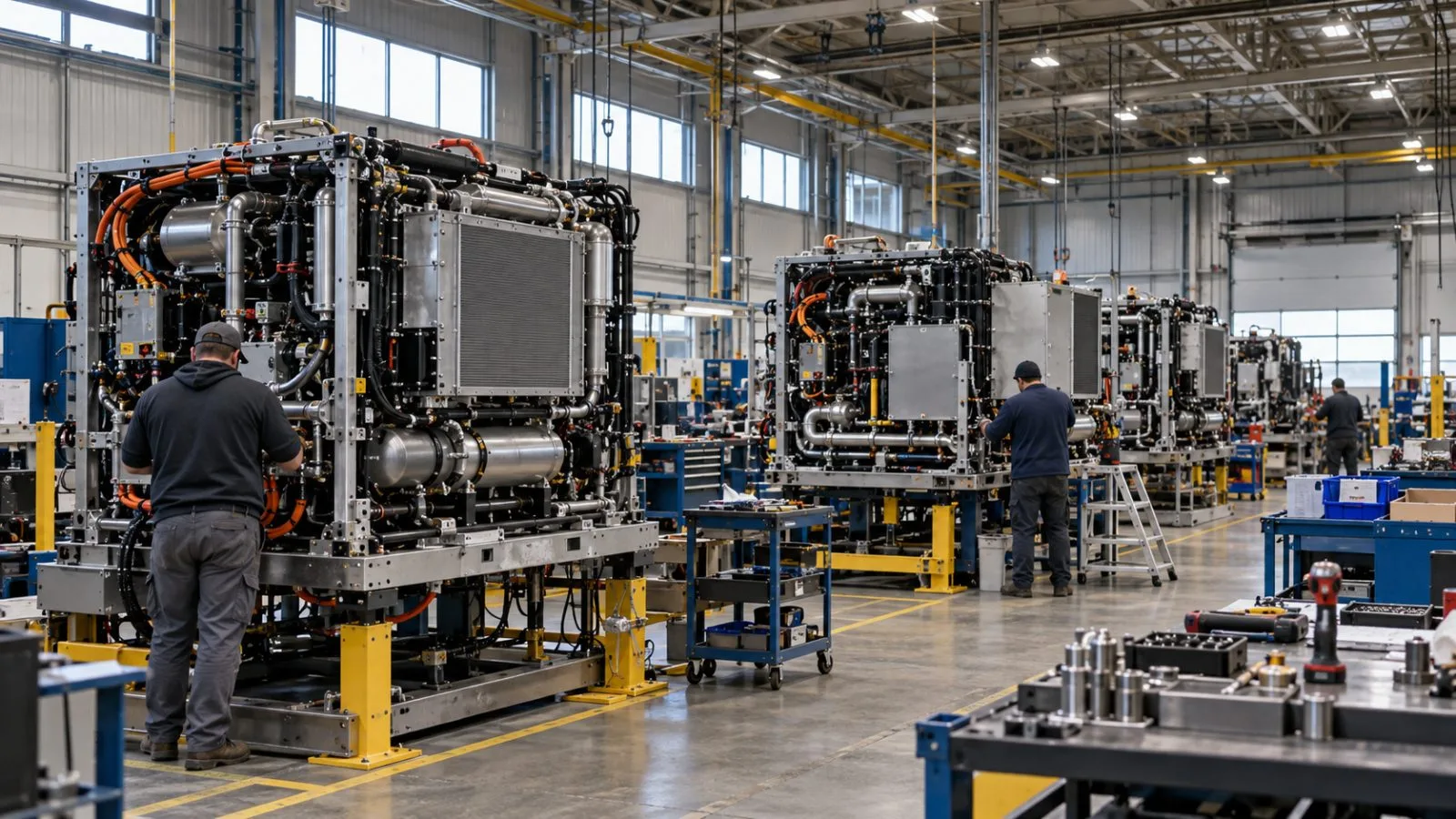 Fuel-cell modules sit at assembly stations inside a manufacturing facility in Torrington, Connecticut. (AI-generated image / EconoTimes)