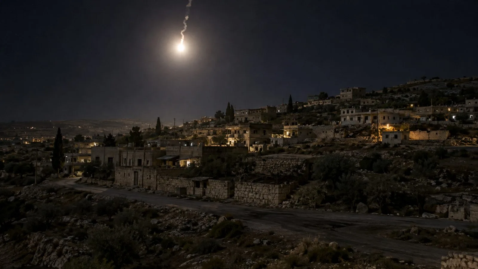 An illumination flare lights village homes in Taranja, southern Syria. (AI-generated image / EconoTimes)