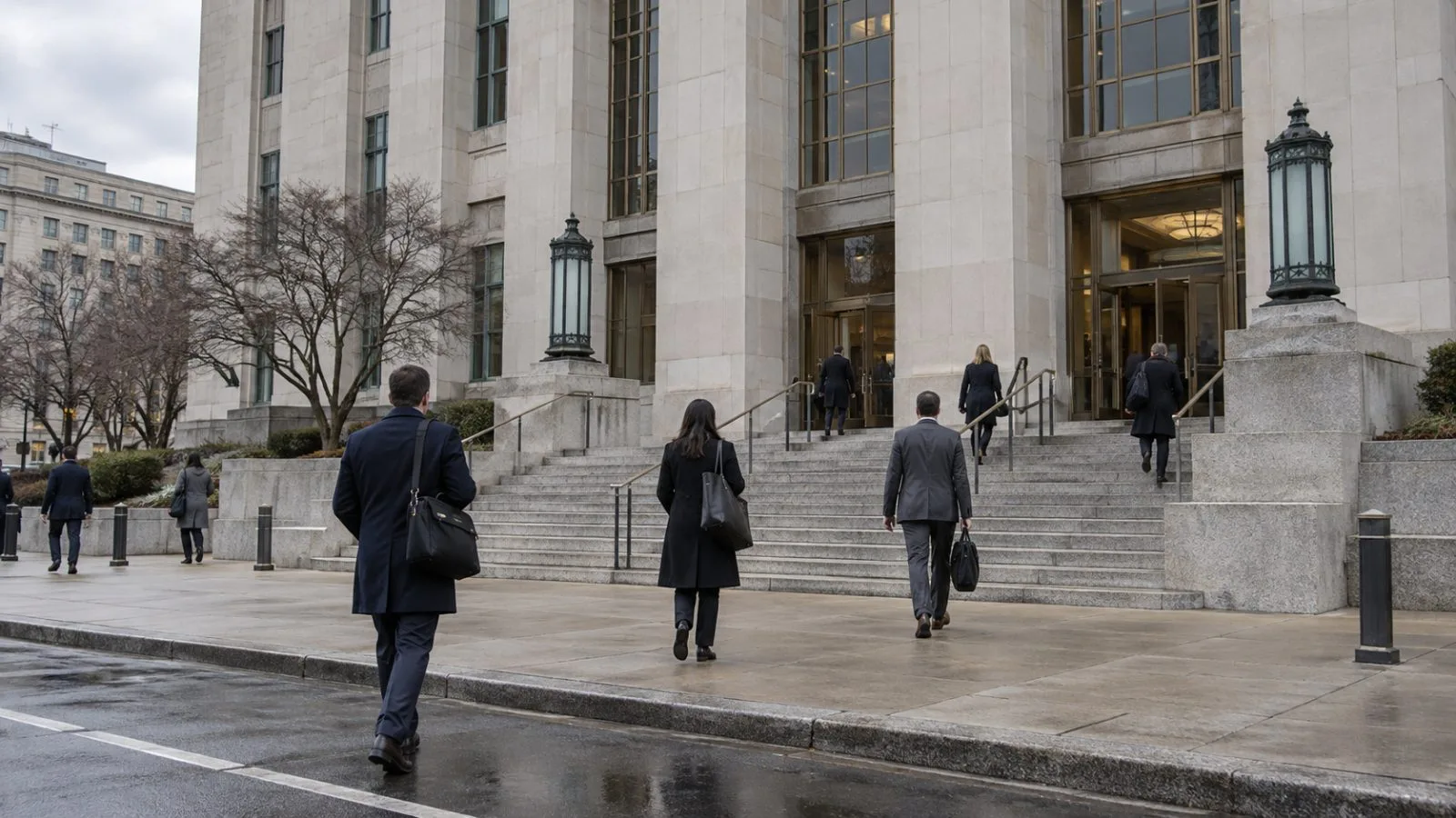 Business visitors approach a federal office building in Washington, D.C., on an overcast morning. (AI-generated image / EconoTimes)