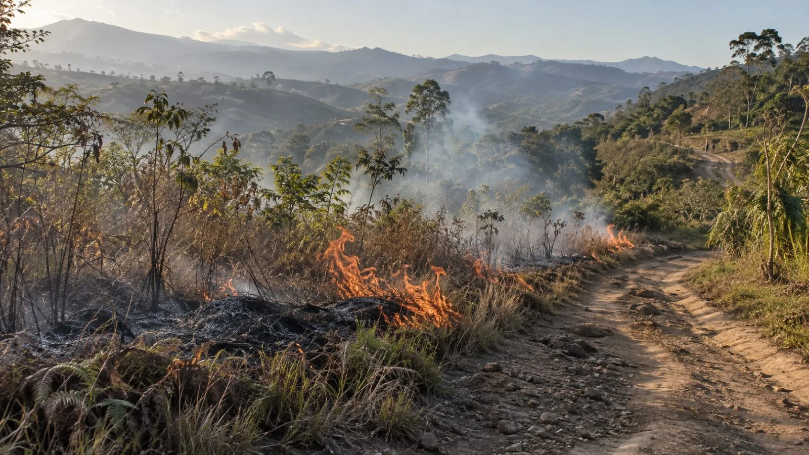 A grass fire burns through dry scrub beside a rural track in Papua New Guinea. (AI-generated image / EconoTimes)
