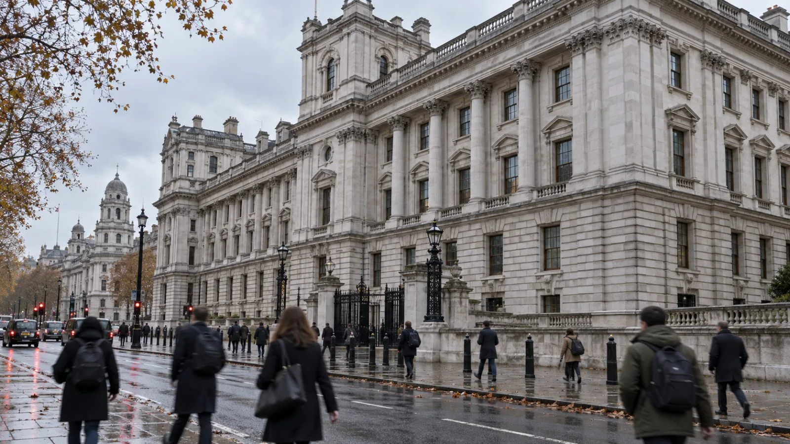 Commuters pass HM Treasury on Whitehall in London beneath an overcast autumn sky (AI-generated image / EconoTimes)