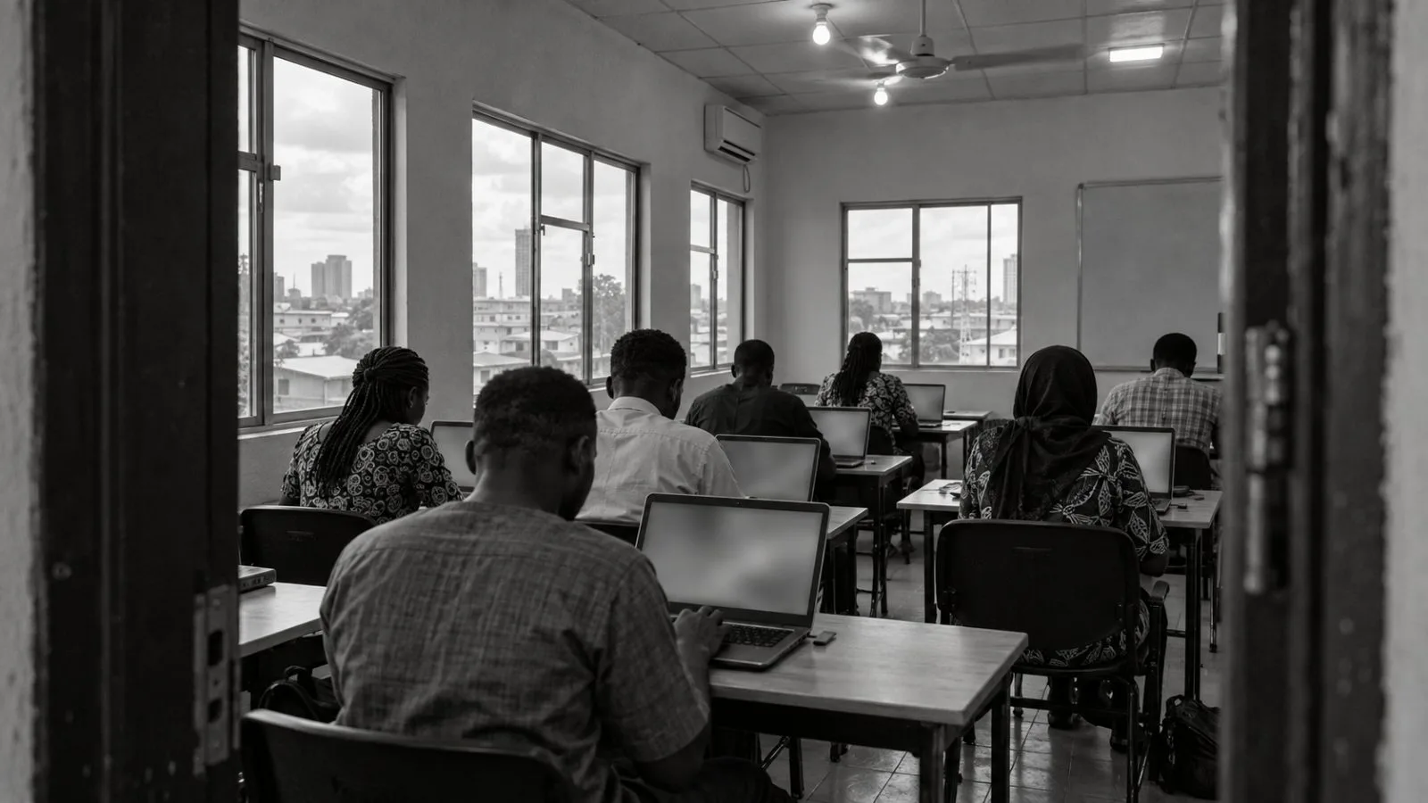 Adult learners use laptops in a digital skills classroom in Lagos, Nigeria. (AI-generated image / EconoTimes)