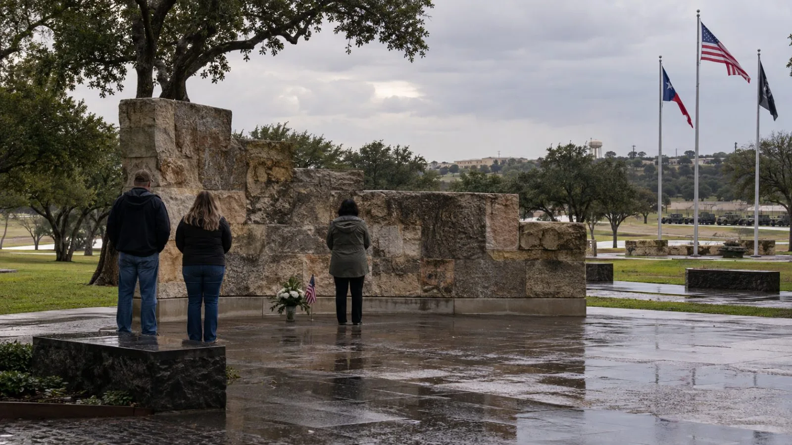 Visitors pause beside a remembrance wall at Fort Hood in Killeen, Texas. (AI-generated image / EconoTimes)