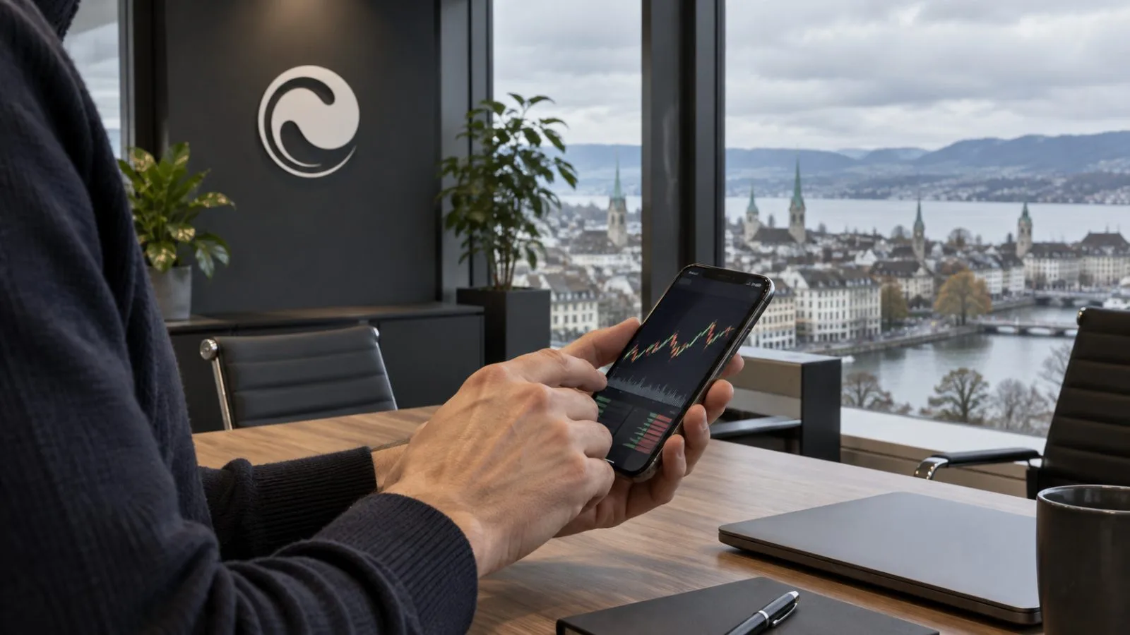 A smartphone displays a trading interface inside an office in Zurich, Switzerland. / EconoTimes.ai