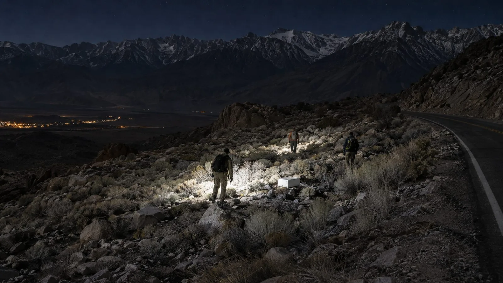 Rescue volunteers search spotlight-lit ground along Horseshoe Meadows Road above Lone Pine, California. (AI-generated image / EconoTimes)