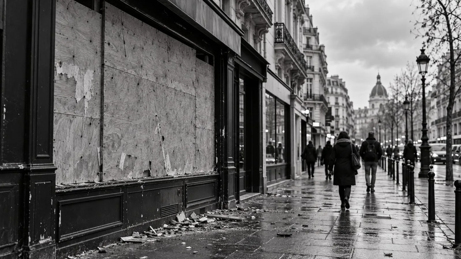 A boarded shop window faces a commercial street in Paris, France. / EconoTimes.ai