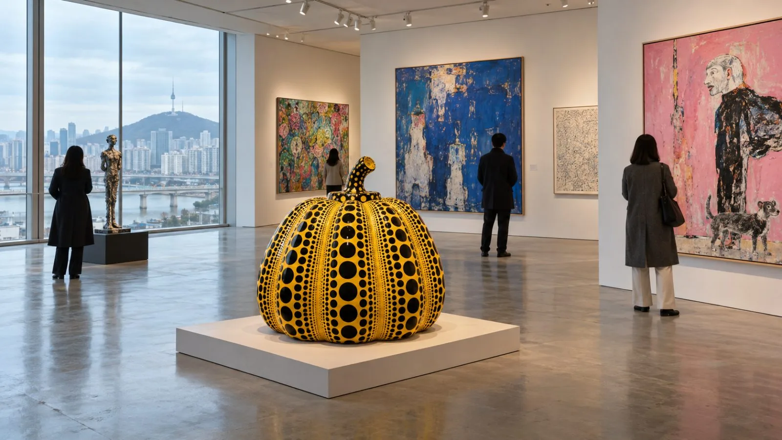 Visitors view a pumpkin sculpture and framed works in an art auction gallery in Seoul. (AI-generated image / EconoTimes)